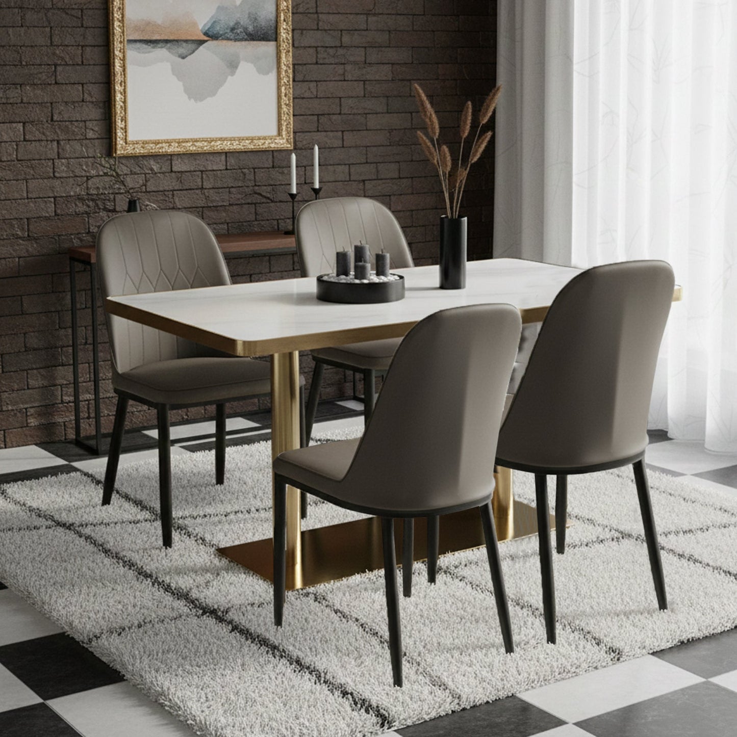 Modern Luxury Marble Top Dining Set with 4 Upholstered Chairs