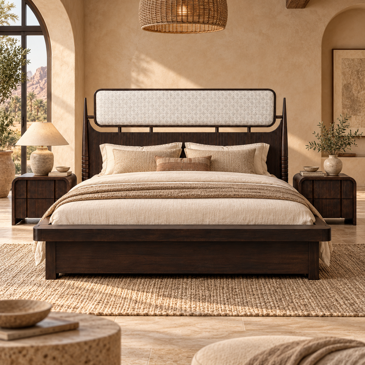 Teak Wood King Size Hydraulic Storage Bed with Upholstered Headboard