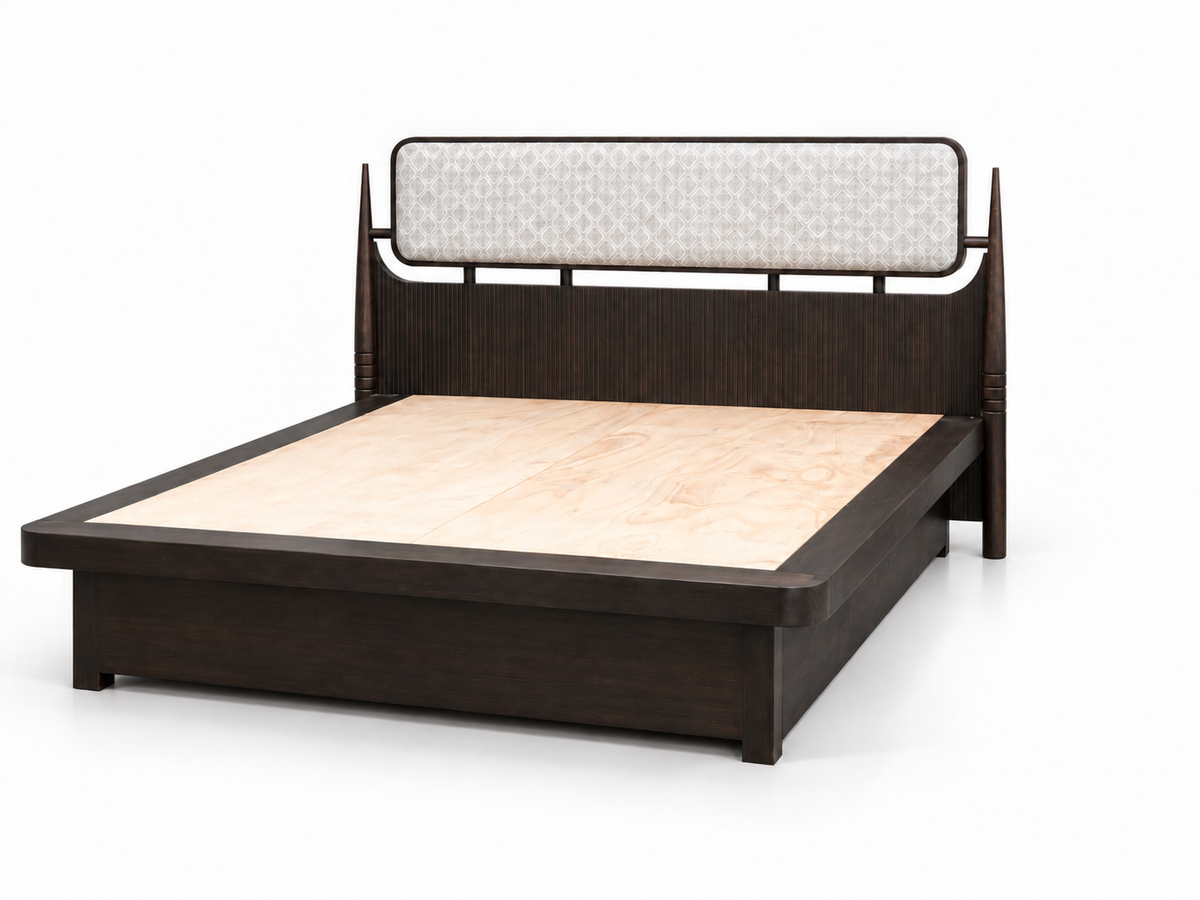 Teak Wood King Size Hydraulic Storage Bed with Upholstered Headboard