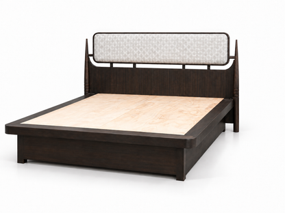 Teak Wood King Size Hydraulic Storage Bed with Upholstered Headboard