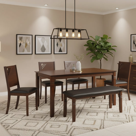 6 Seater Mid-Century Sheesham Wood 6-Seater Dining Set with Bench