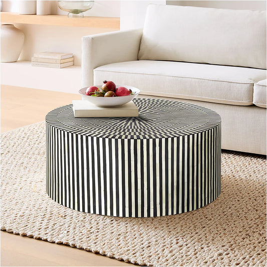 Bone Inlay Coffee Table in Black & White Finish with Hypnotic Design