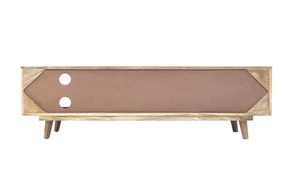 Wooden TV Unit – Natural Finish with Carved Geometric Doors FURNIZA