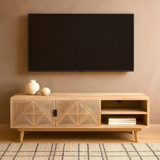 Wooden TV Unit – Natural Finish with Carved Geometric Doors FURNIZA