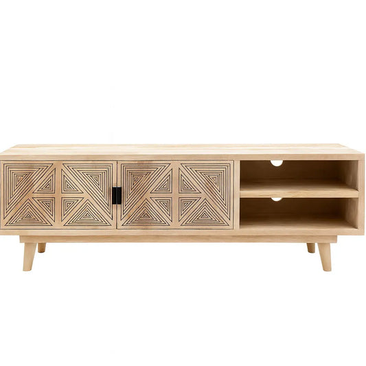 Wooden TV Unit – Natural Finish with Carved Geometric Doors FURNIZA