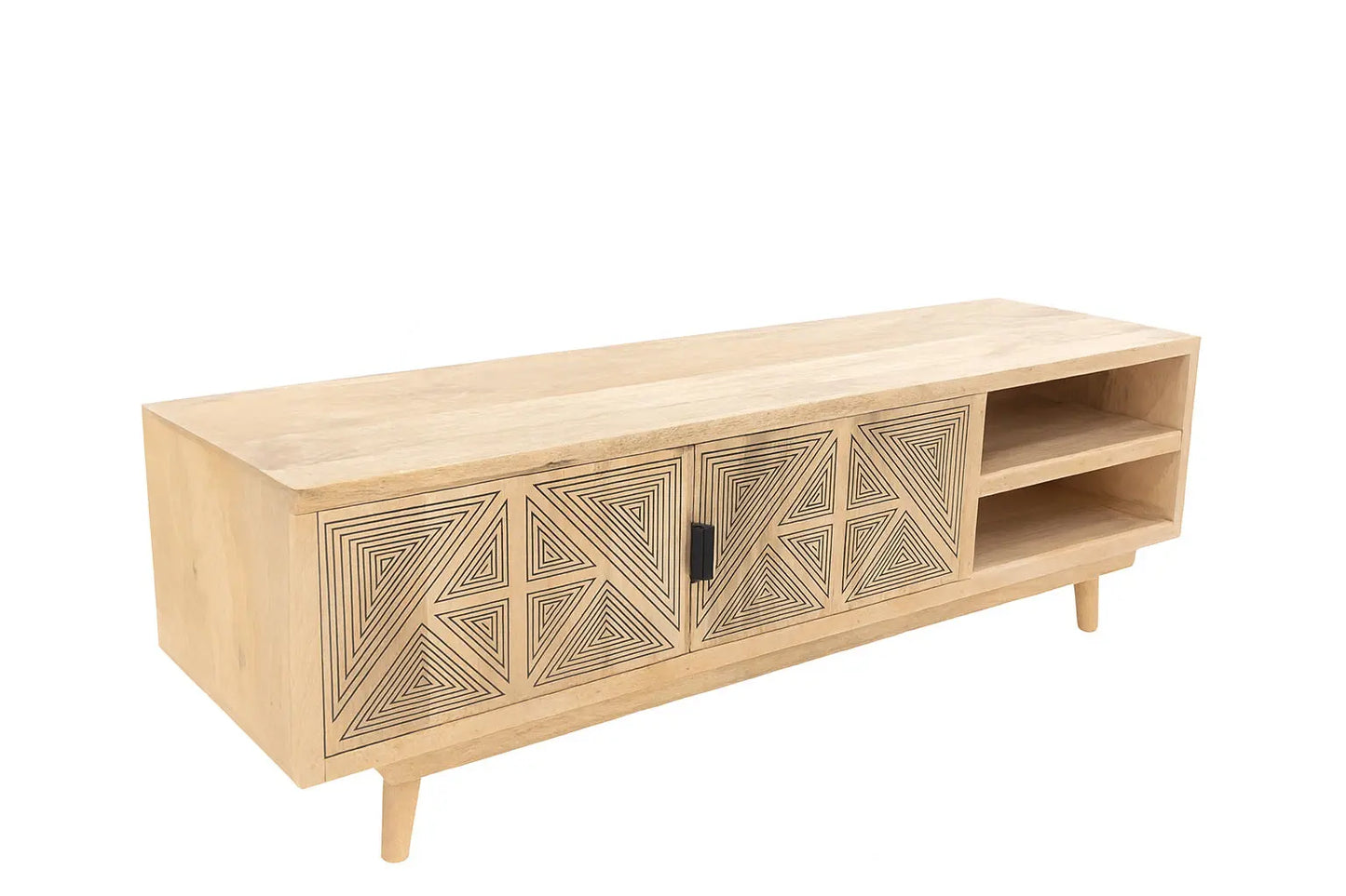 Wooden TV Unit – Natural Finish with Carved Geometric Doors FURNIZA