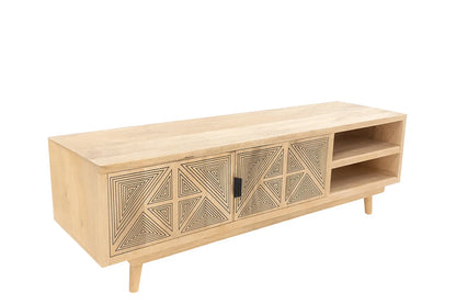 Wooden TV Unit – Natural Finish with Carved Geometric Doors FURNIZA