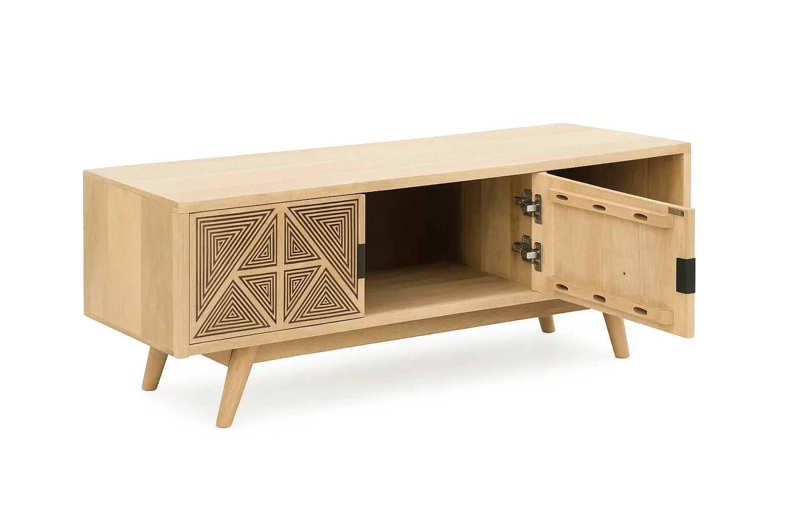 Wooden TV Unit – Natural Finish with Carved Geometric Doors FURNIZA