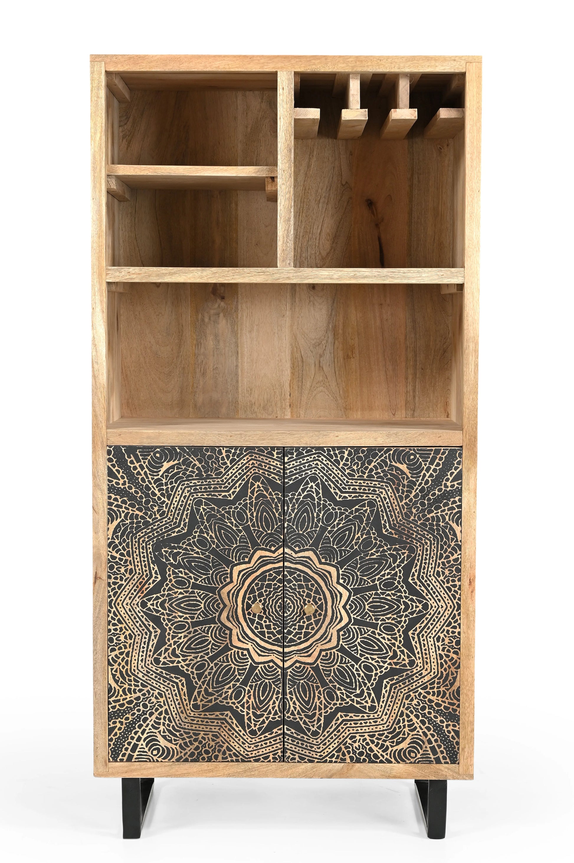 Wooden Bar Cabinet – Natural Finish with Carved Mandala Doors FURNIZA
