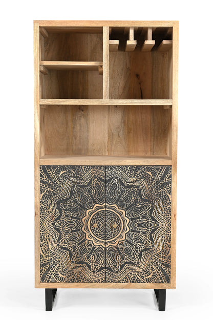 Wooden Bar Cabinet – Natural Finish with Carved Mandala Doors FURNIZA