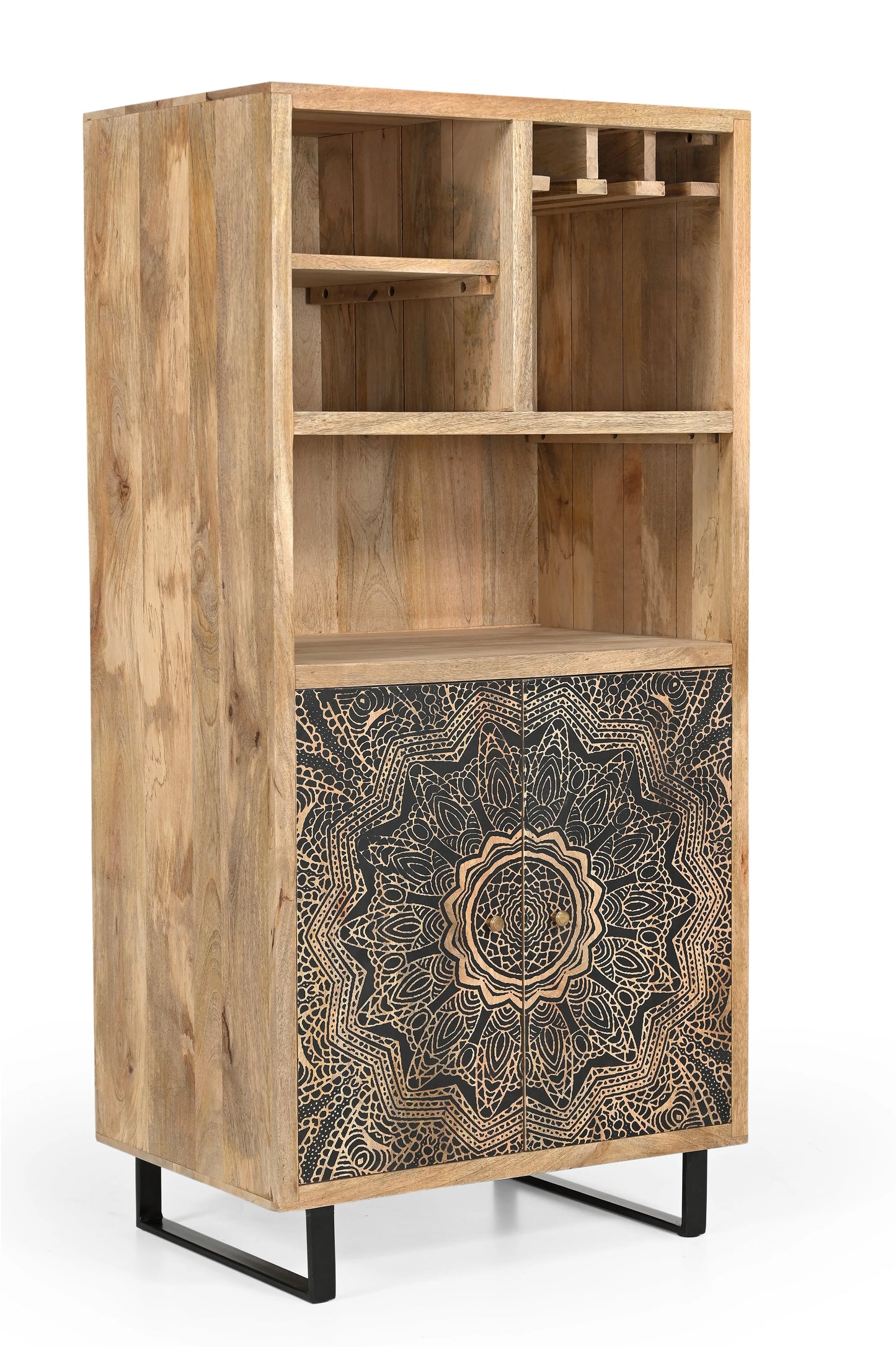 Wooden Bar Cabinet – Natural Finish with Carved Mandala Doors FURNIZA