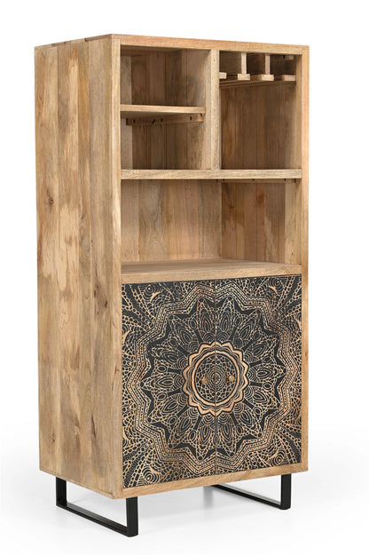 Wooden Bar Cabinet – Natural Finish with Carved Mandala Doors FURNIZA