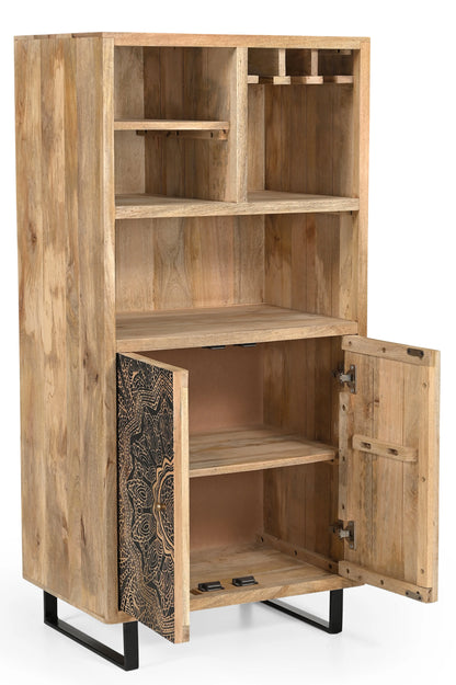Wooden Bar Cabinet – Natural Finish with Carved Mandala Doors FURNIZA