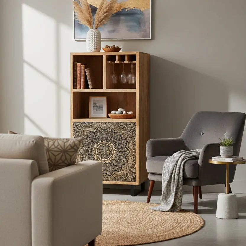 Wooden Bar Cabinet – Natural Finish with Carved Mandala Doors FURNIZA
