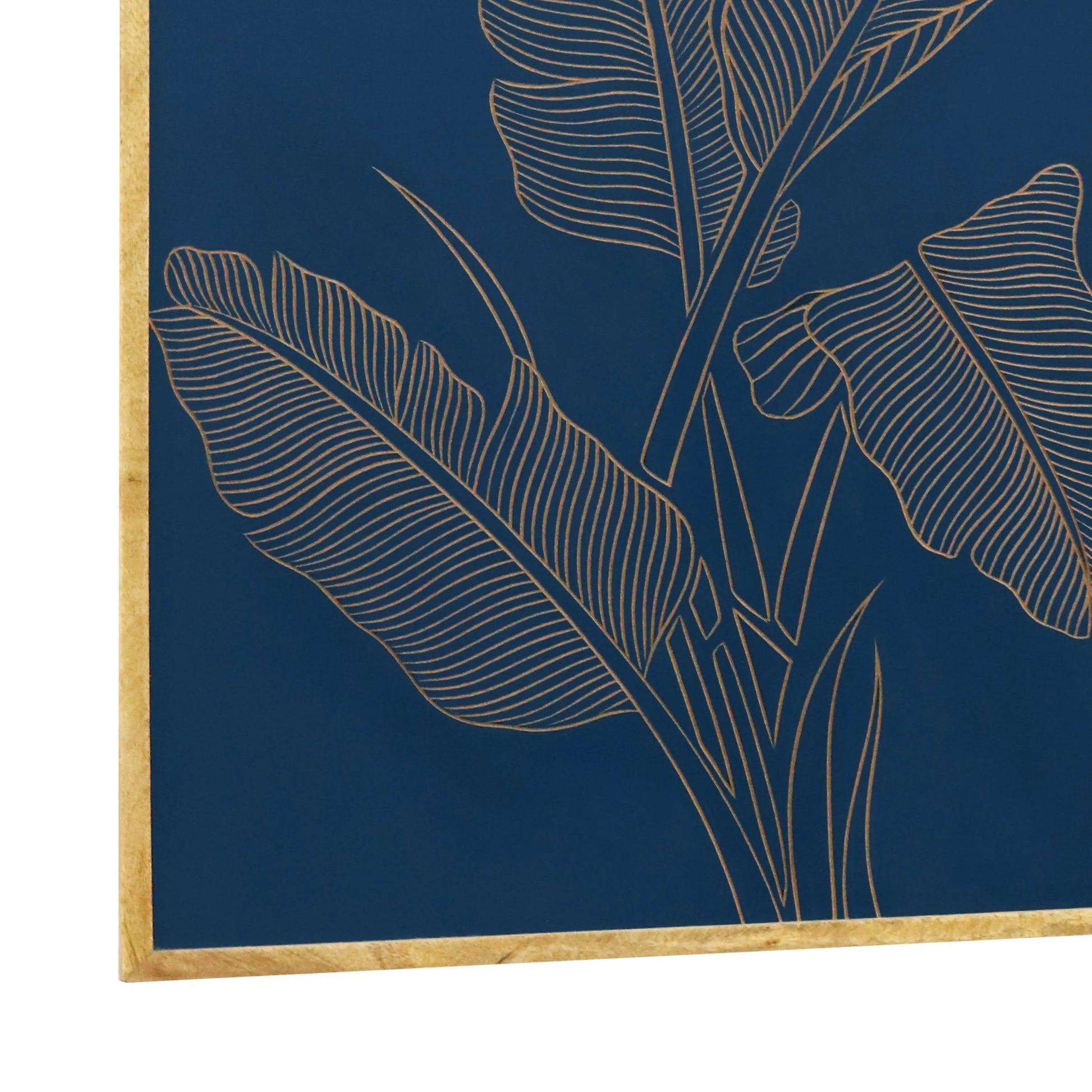 Hand-Carved Banana Leaf Wall Panel in Navy Blue & Natural Wood Frame – Artistic Wall Décor - Furniza