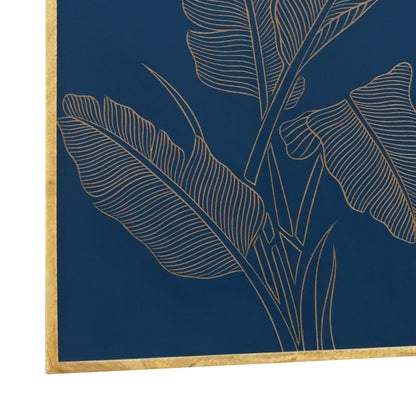 Hand-Carved Banana Leaf Wall Panel in Navy Blue & Natural Wood Frame – Artistic Wall Décor - Furniza