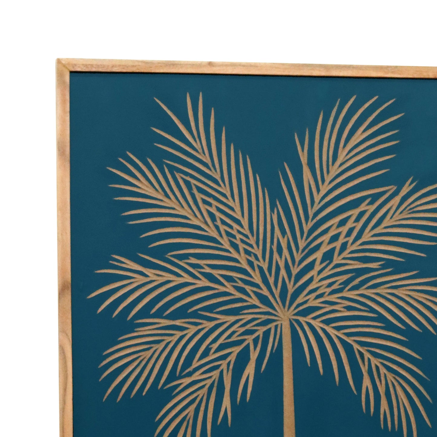 Hand-Carved Palm Leaf Wall Panel in Teal & Natural Wood Frame – Tropical Wall Decor - Furniza