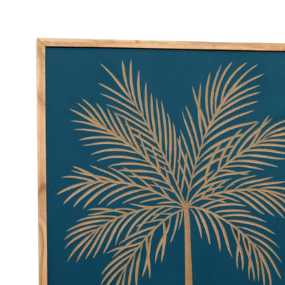 Hand-Carved Palm Leaf Wall Panel in Teal & Natural Wood Frame – Tropical Wall Decor - Furniza