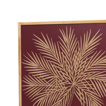 Hand-Carved Palm Leaf Wall Panel in Maroon & Natural Wood Frame – Elegant Wall Décor - Furniza