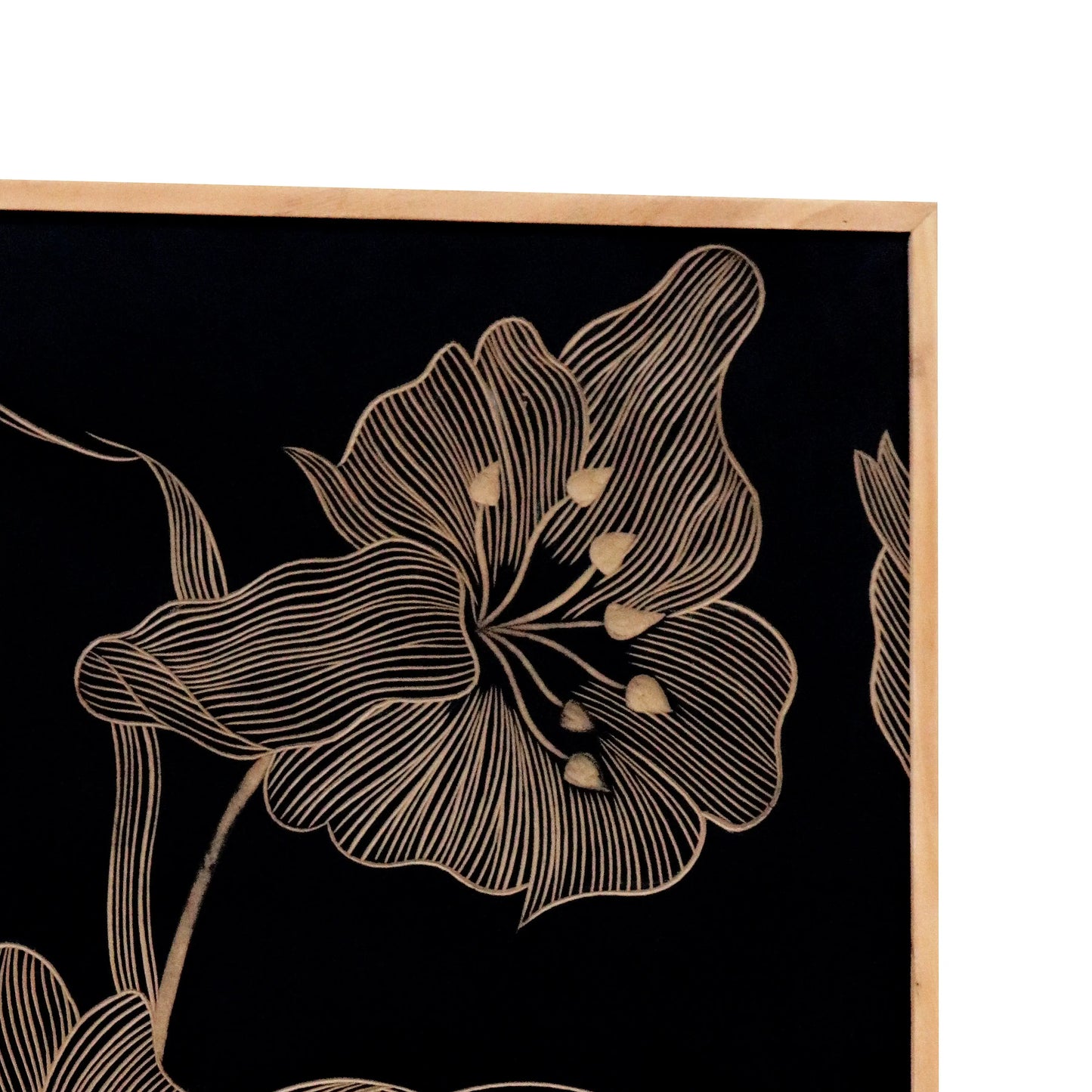 Hand-Carved Floral Wall Panel in Black & Natural Wood Frame – Modern Botanical Wall Decor - Furniza