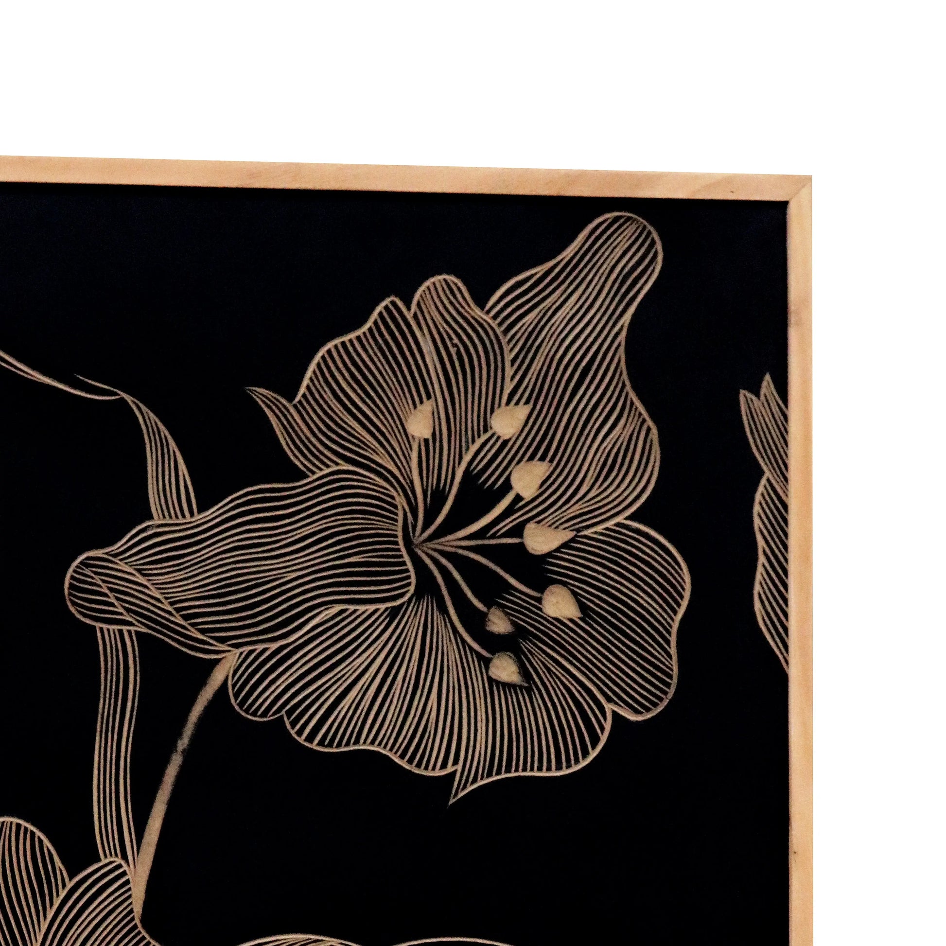 Hand-Carved Floral Wall Panel in Black & Natural Wood Frame – Modern Botanical Wall Decor - Furniza