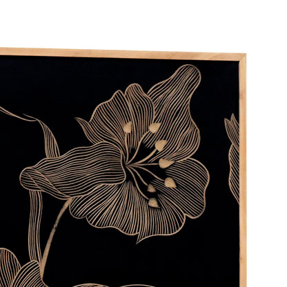Hand-Carved Floral Wall Panel in Black & Natural Wood Frame – Modern Botanical Wall Decor - Furniza