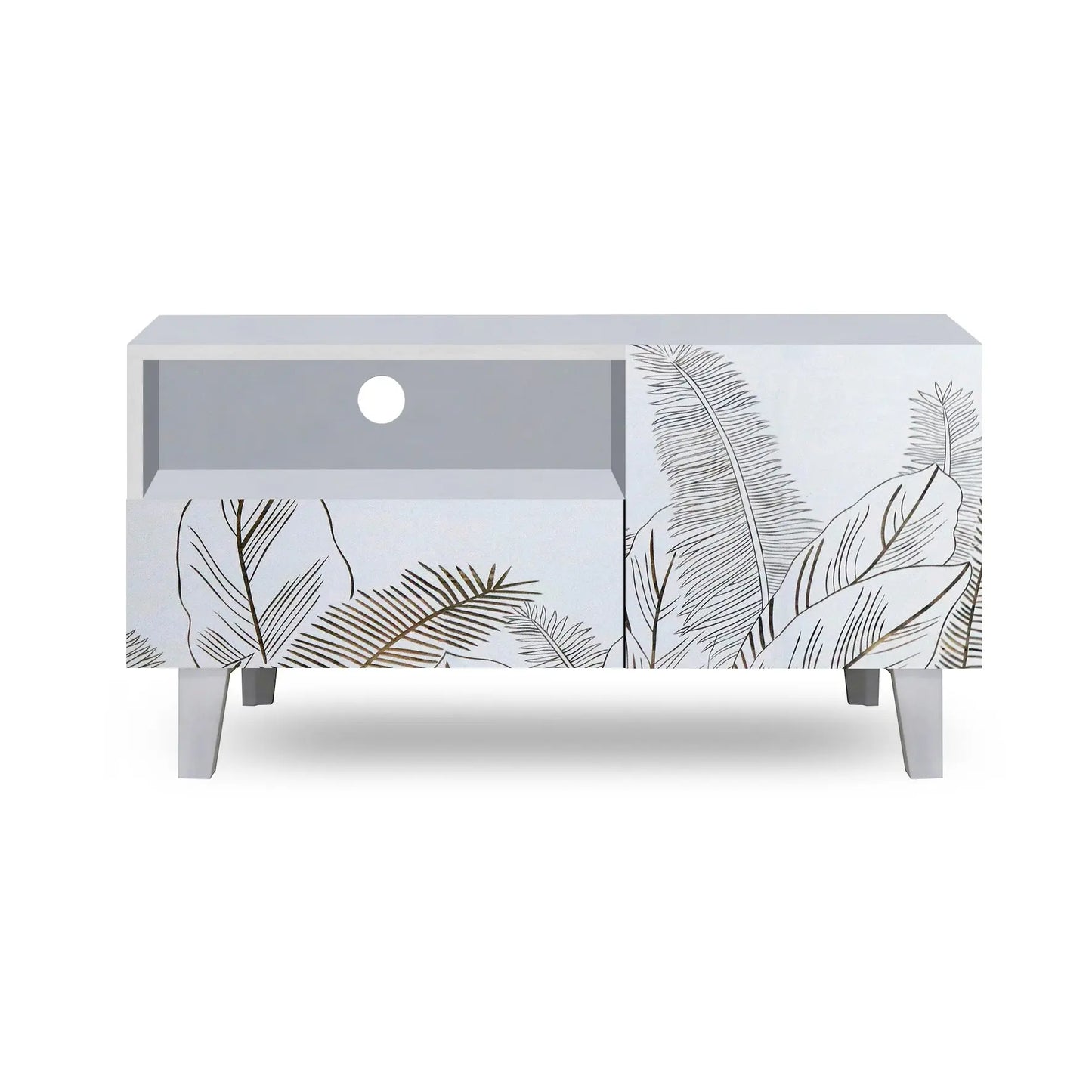 White Printed TV Unit – Leaf Design Cabinet with Storage FURNIZA
