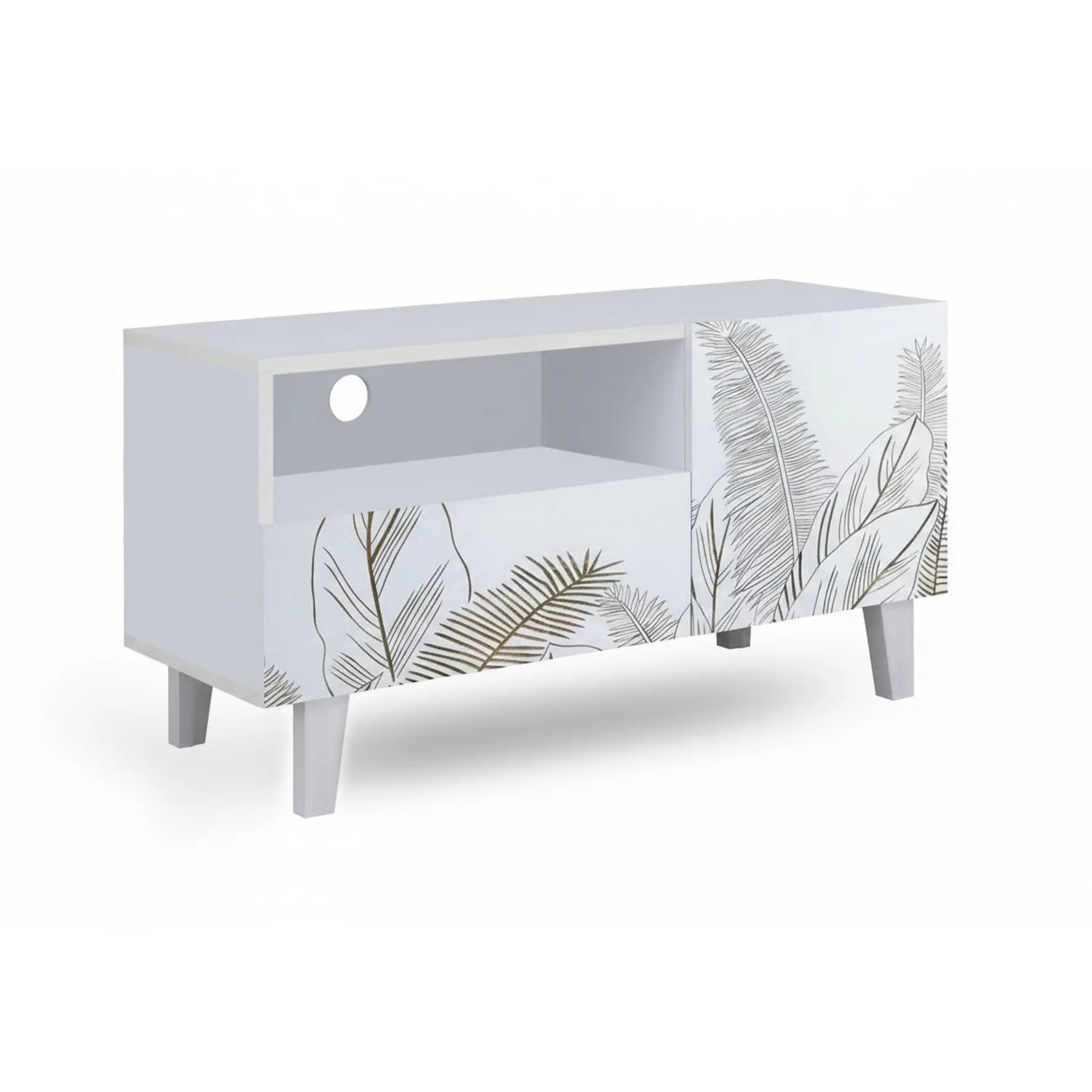 White Printed TV Unit – Leaf Design Cabinet with Storage FURNIZA