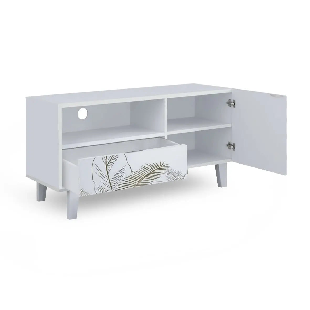 White Printed TV Unit – Leaf Design Cabinet with Storage FURNIZA