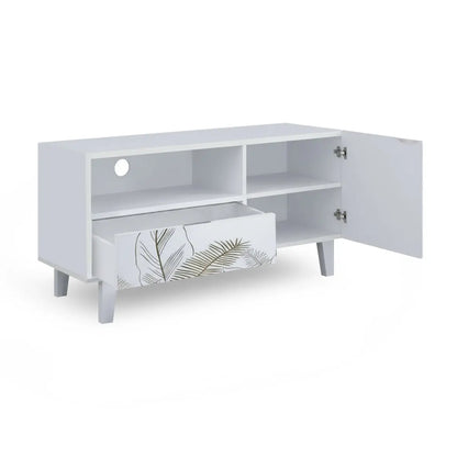 White Printed TV Unit – Leaf Design Cabinet with Storage FURNIZA