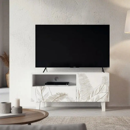 White Printed TV Unit – Leaf Design Cabinet with Storage FURNIZA