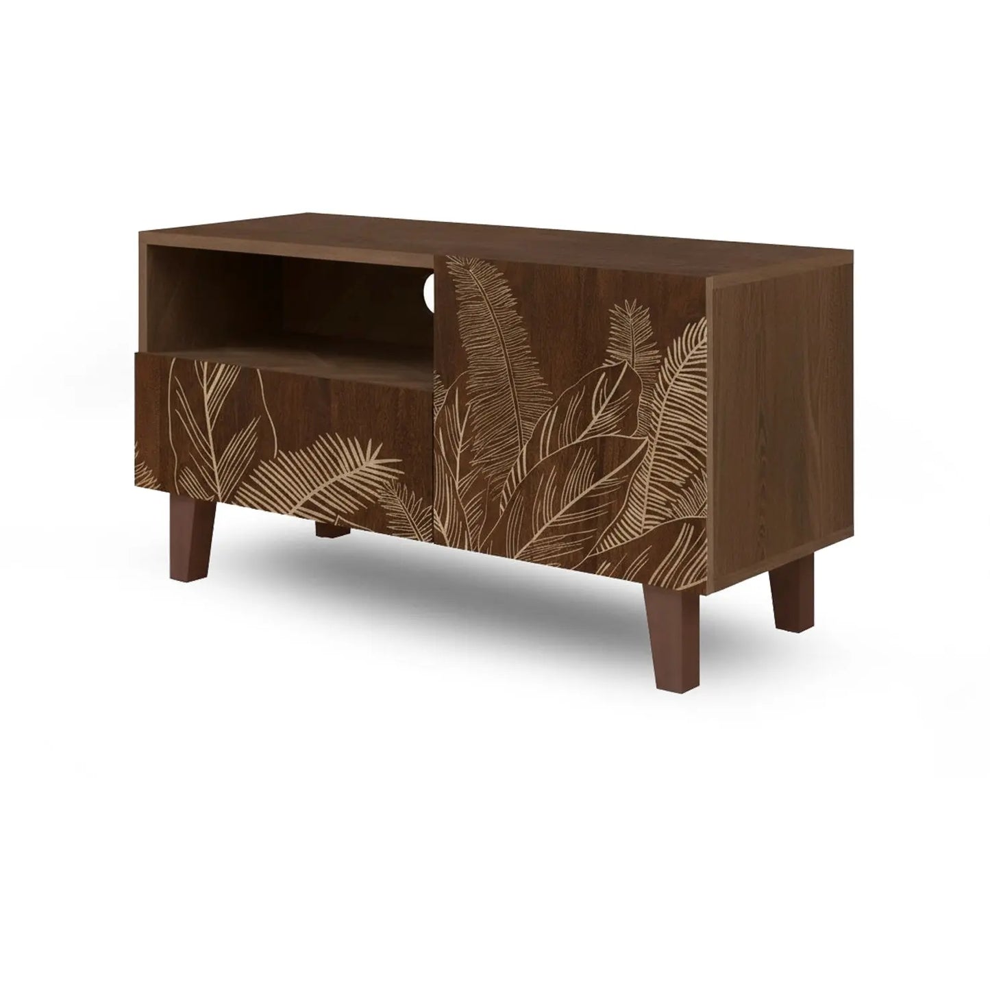 Brown Printed TV Unit – Leaf Design Cabinet with Storage FURNIZA