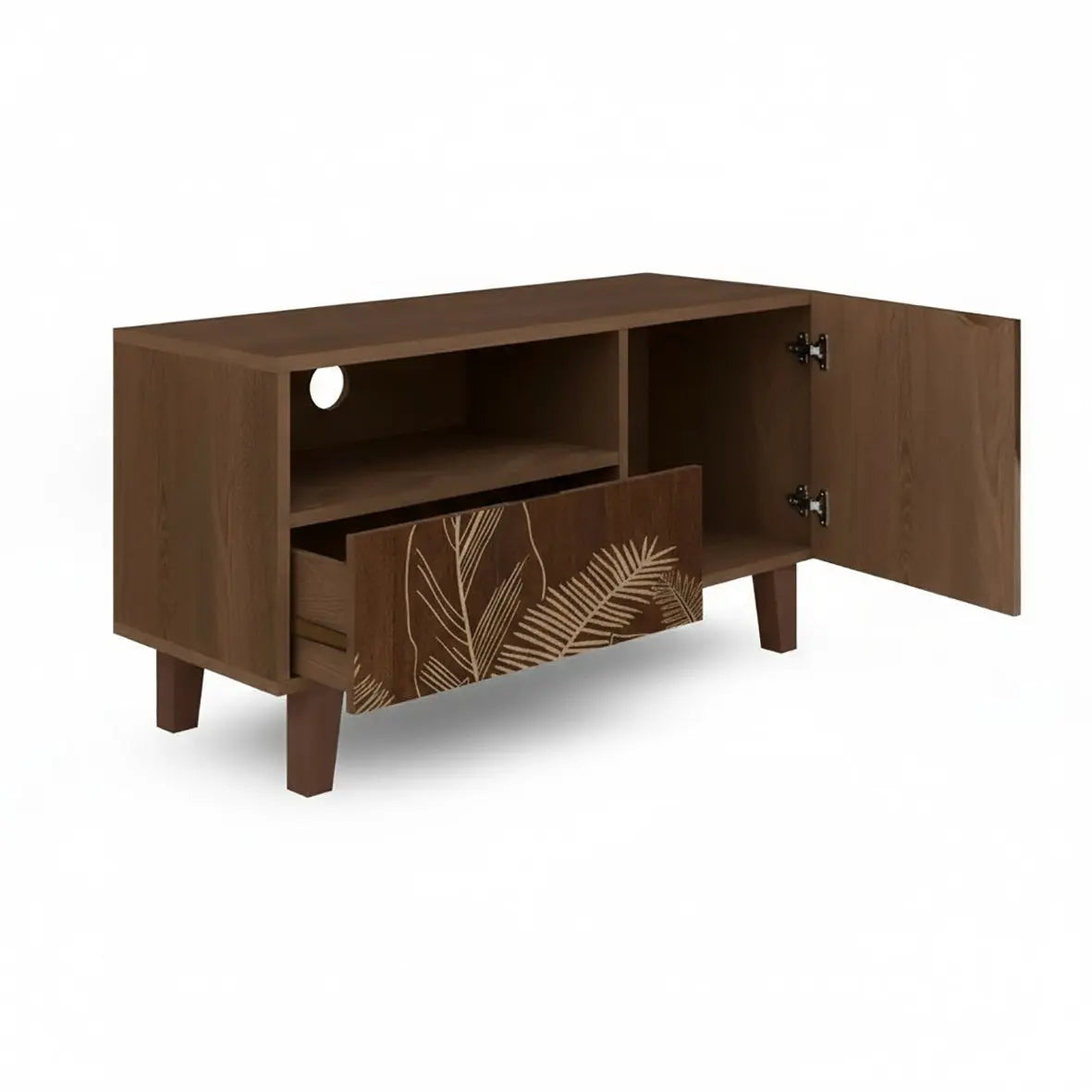 Brown Printed TV Unit – Leaf Design Cabinet with Storage FURNIZA