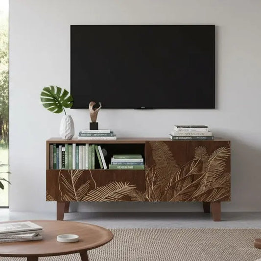 Brown Printed TV Unit – Leaf Design Cabinet with Storage FURNIZA