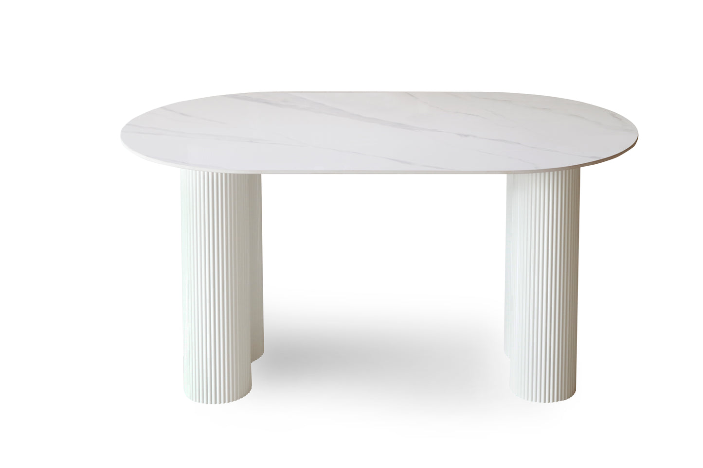 Modern Oval Dining Table with Marble Finish & Fluted Base