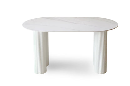 Modern Oval Dining Table with Marble Finish & Fluted Base