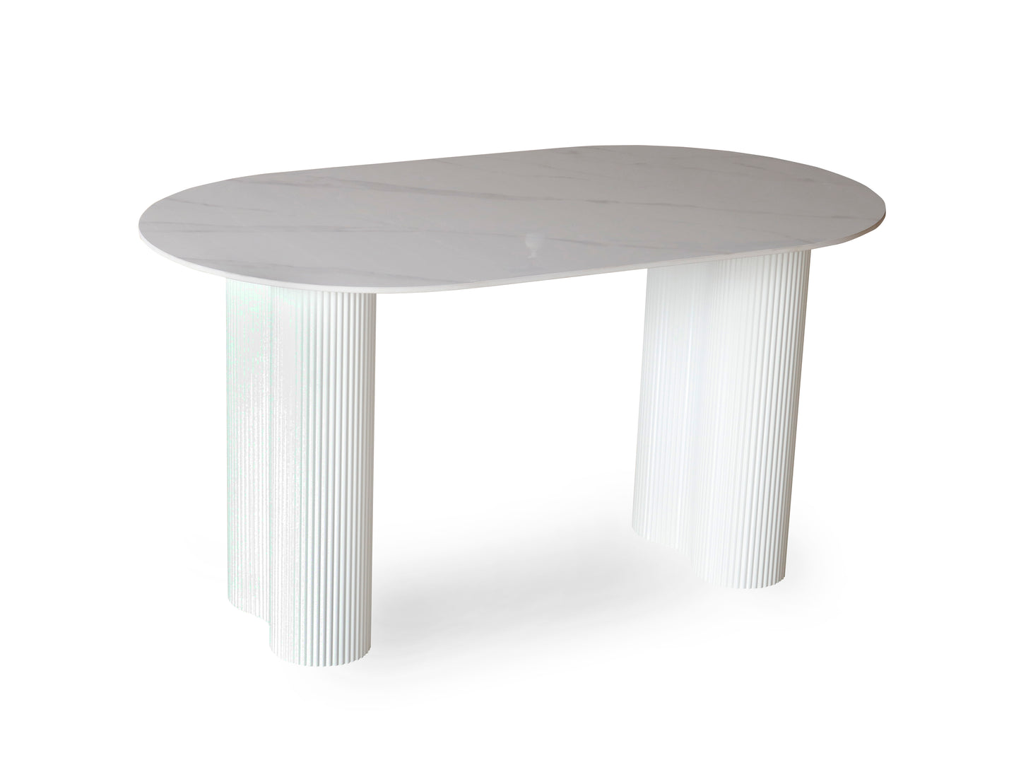 Modern Oval Dining Table with Marble Finish & Fluted Base