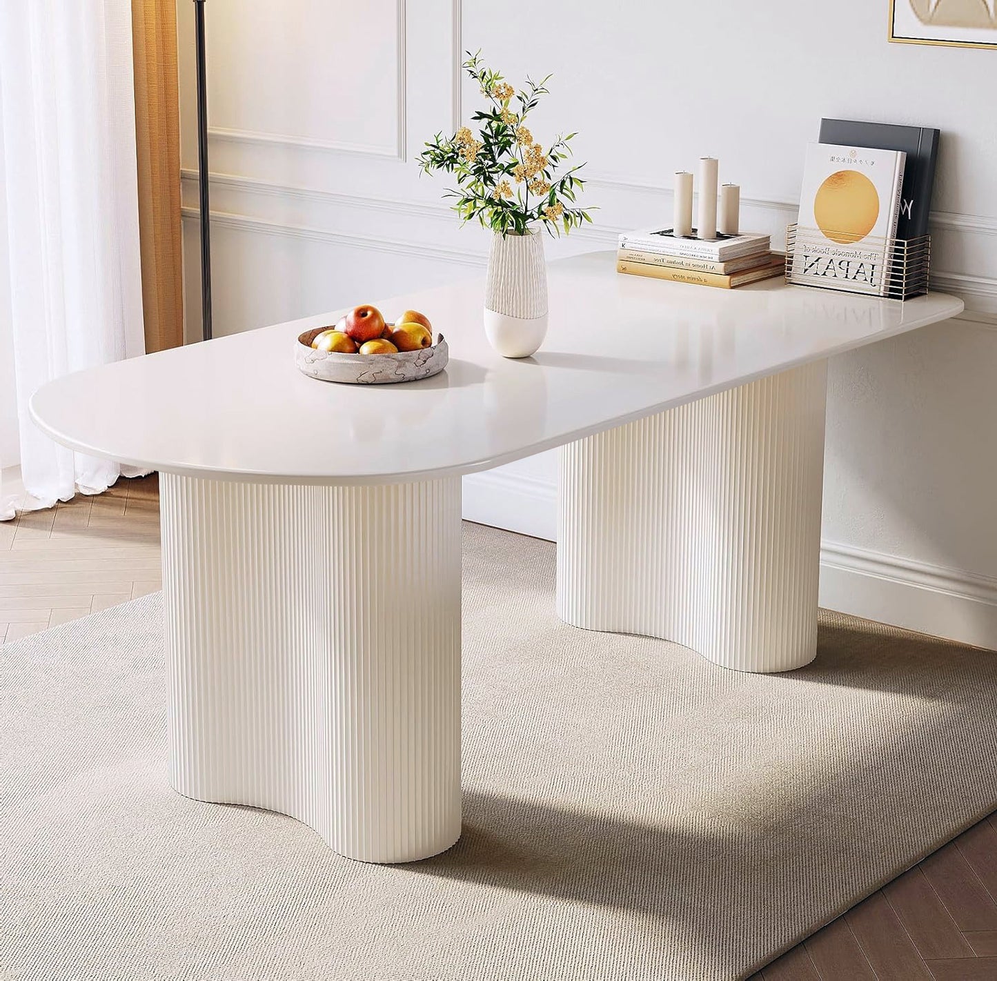 Modern Oval Dining Table with Marble Finish & Fluted Base