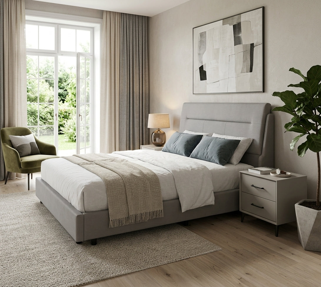Modern Upholstered Platform Bed with Wingback Headboard – Premium Fabric Bed Frame