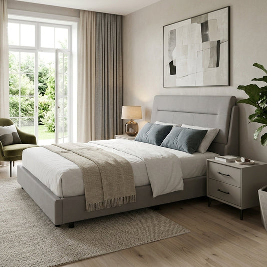 Modern Upholstered Platform Bed with Wingback Headboard – Premium Fabric Bed Frame