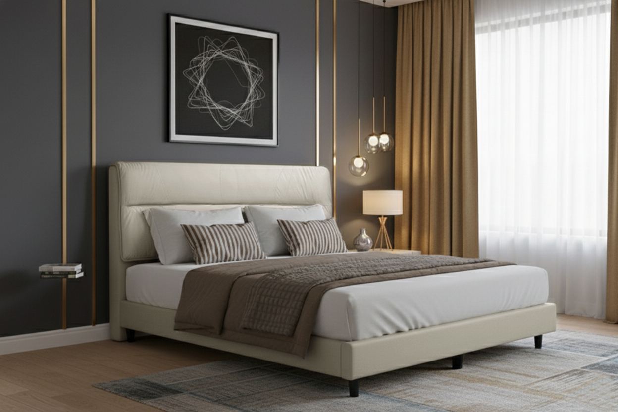 Modern Upholstered King Bed 180×200 cm – Beige Premium Design
