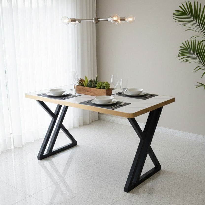 Modern Marble Finish Console Table with Metal X-Leg Base
