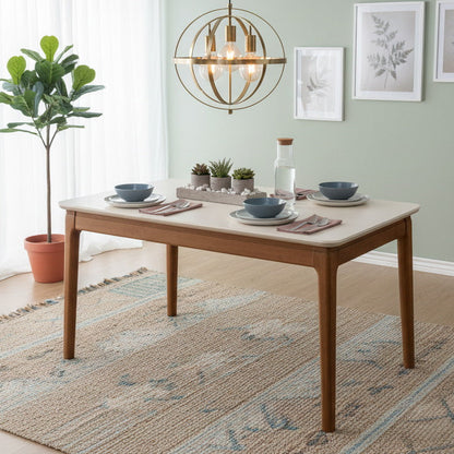Modern Wooden Dining Table with Stone Finish Top – 4 to 6 Seater