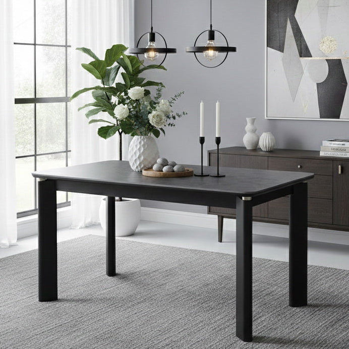 Modern Black Dining Table with Marble Finish Top – 4 Seater