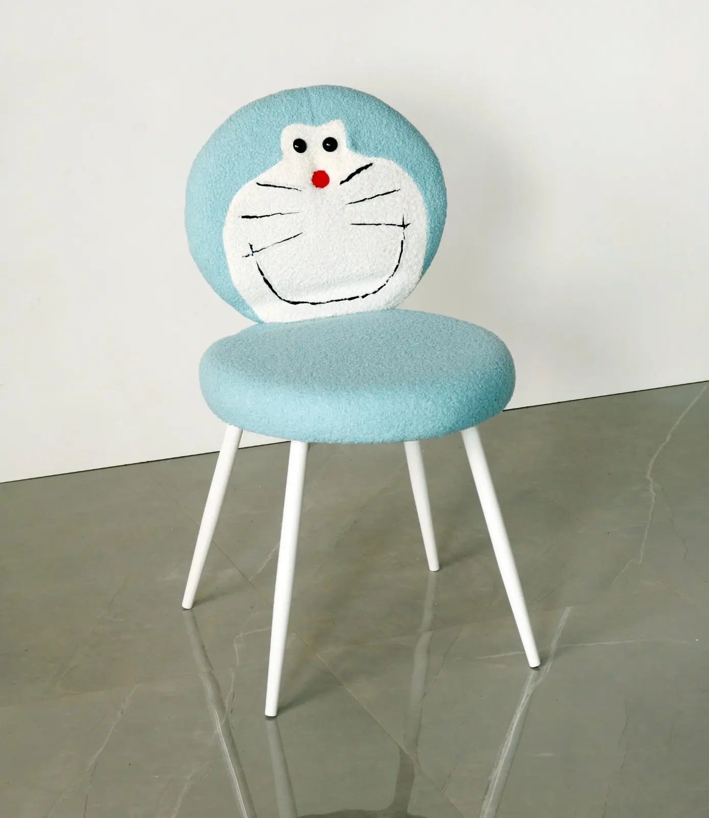 Kids Doraemon Chair with Sky Blue Boucle Fabric & White Metal Legs Furniza
