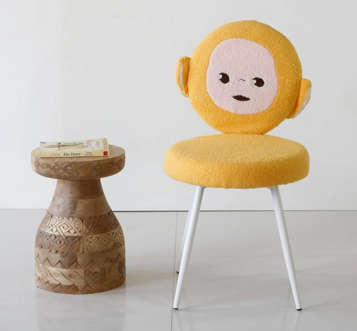 Kids Yellow Teletubby Chair with Soft Boucle Fabric & White Metal Legs FURNIZA
