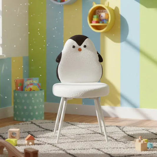 Kids Penguin Chair with White Boucle Fabric & White Metal Legs – Winter Animal Edition FURNIZA