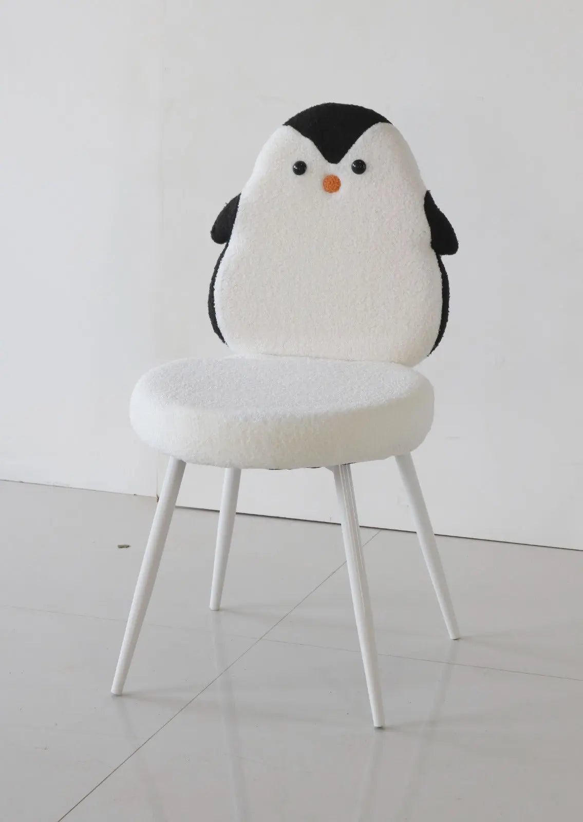 Kids Penguin Chair with White Boucle Fabric & White Metal Legs – Winter Animal Edition FURNIZA