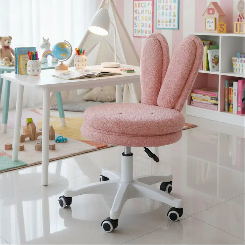 Kids Bunny Chair with Pink Boucle Fabric & Swivel Wheels FURNIZA