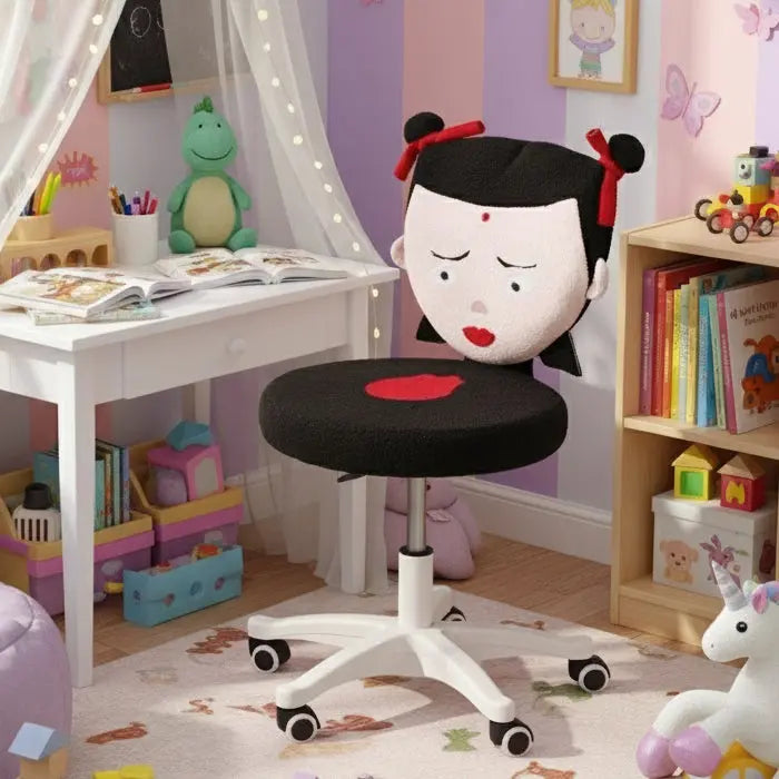 Decorative office chair with cartoon face design on a white background